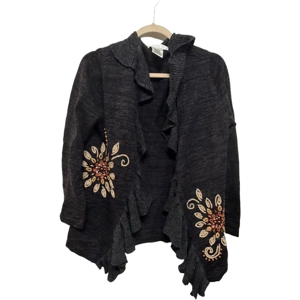 Mandal Bay Small Black Ruffle Cardigan Embroidered Beaded Floral Open Artsy